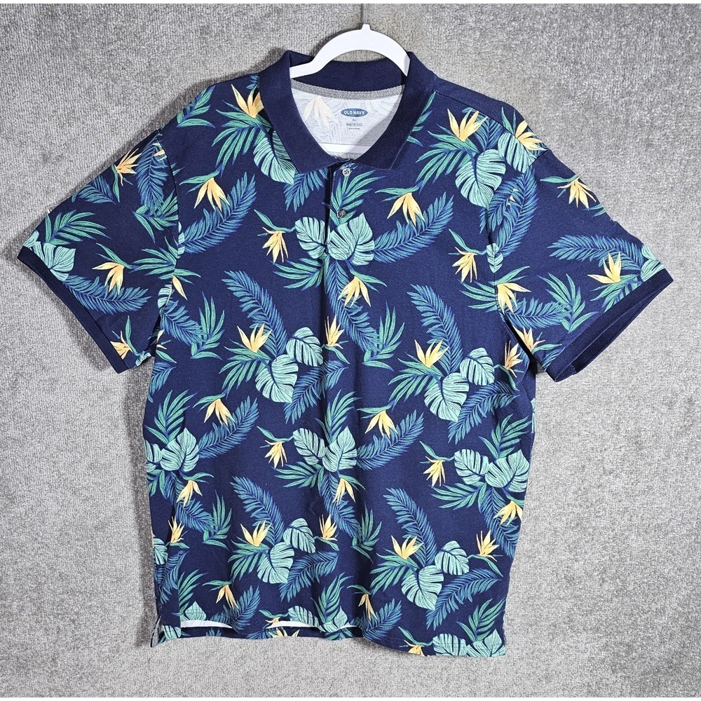 Old Navy Polo Shirt Mens Sz XXL Blue Hawaiian Floral Built‎ In Flex Short Sleeve
